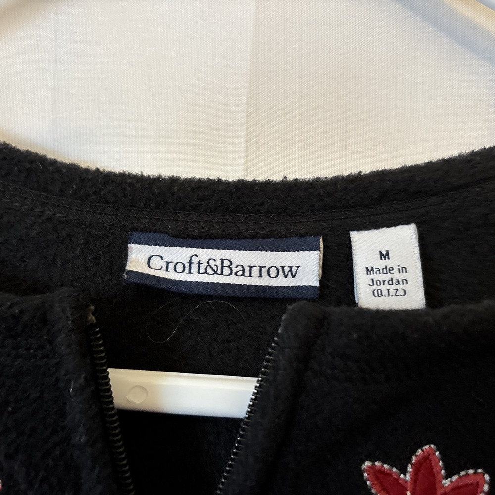 Women's Black Fleece Zip Up Sweater Cardigan Embroidered Cardinals CottageCore M - Picture 2 of 6